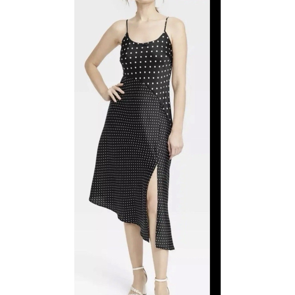 A New Day Black Polka Dot Asymmetrical Midi Slip Dress - Womens XS